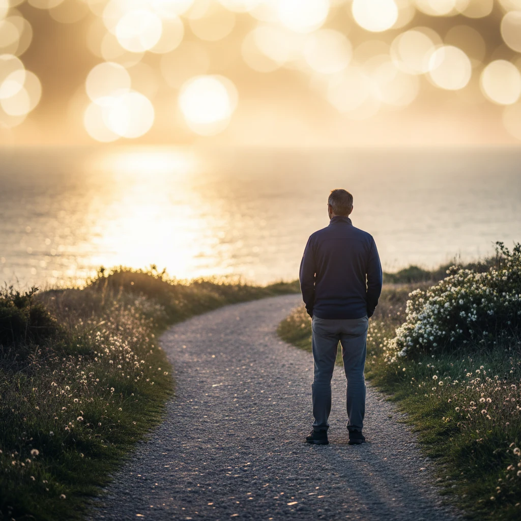 Man on a coastal path at golden hour - men's health food supplement over 40 active lifestyle
