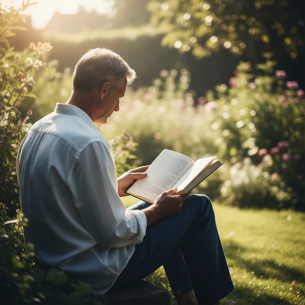 Anonymous man reading in a sunlit garden - food supplement for everyday male wellbeing